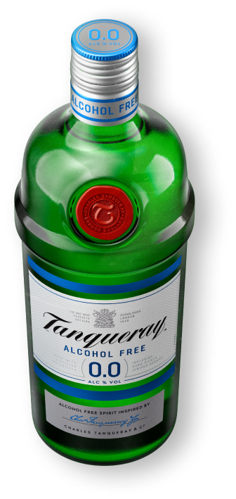 A bottle of Tanqueray 0.0% Alcohol Free Spirit.