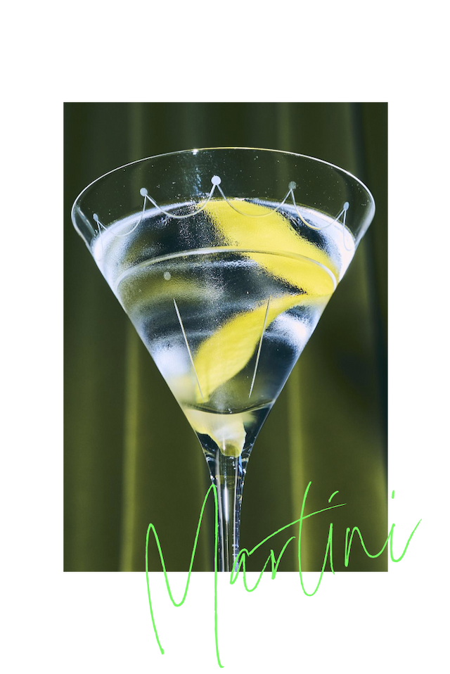A martini cocktail with a twist of lemon peel.