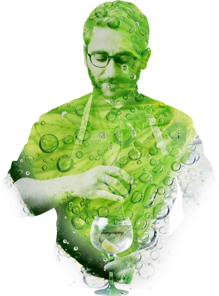 Bartender creating a Tanqueray cocktail with color shading for artistic effect